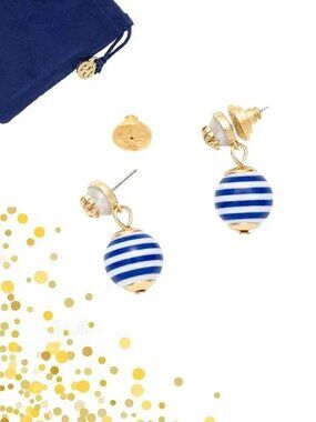 Tory Burch Blue & White Striped Saher Drop Earrings